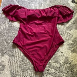 Ruffle Off the Shoulder Burgundy One Piece Swim Bathing Suit